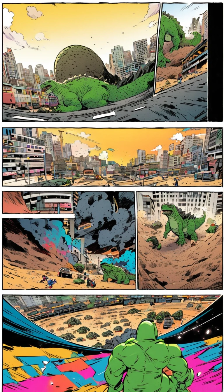 Comic city hunter style,Godzilla looking down at the small city below,dusty,Horizontal viewing angle,rich and colorful,Japanese cartoonist Tsukasa Hojo'style,Depth of Field,White background,Overclocking Renderer,light,very good,Ultra Detailed,CG art,