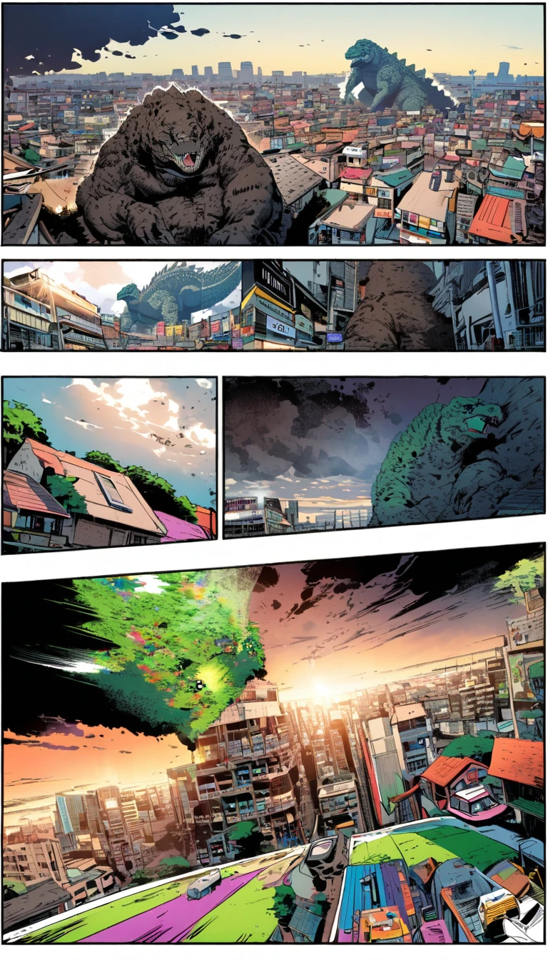 Comic city hunter style，Godzilla looking down at the small city below，dusty，Horizontal viewing angle，rich and colorful，Japanese cartoonist Tsukasa Hojo&#39;style，Depth of Field，White background，Overclocking Renderer，light，very good，Ultra Detailed，CG art，