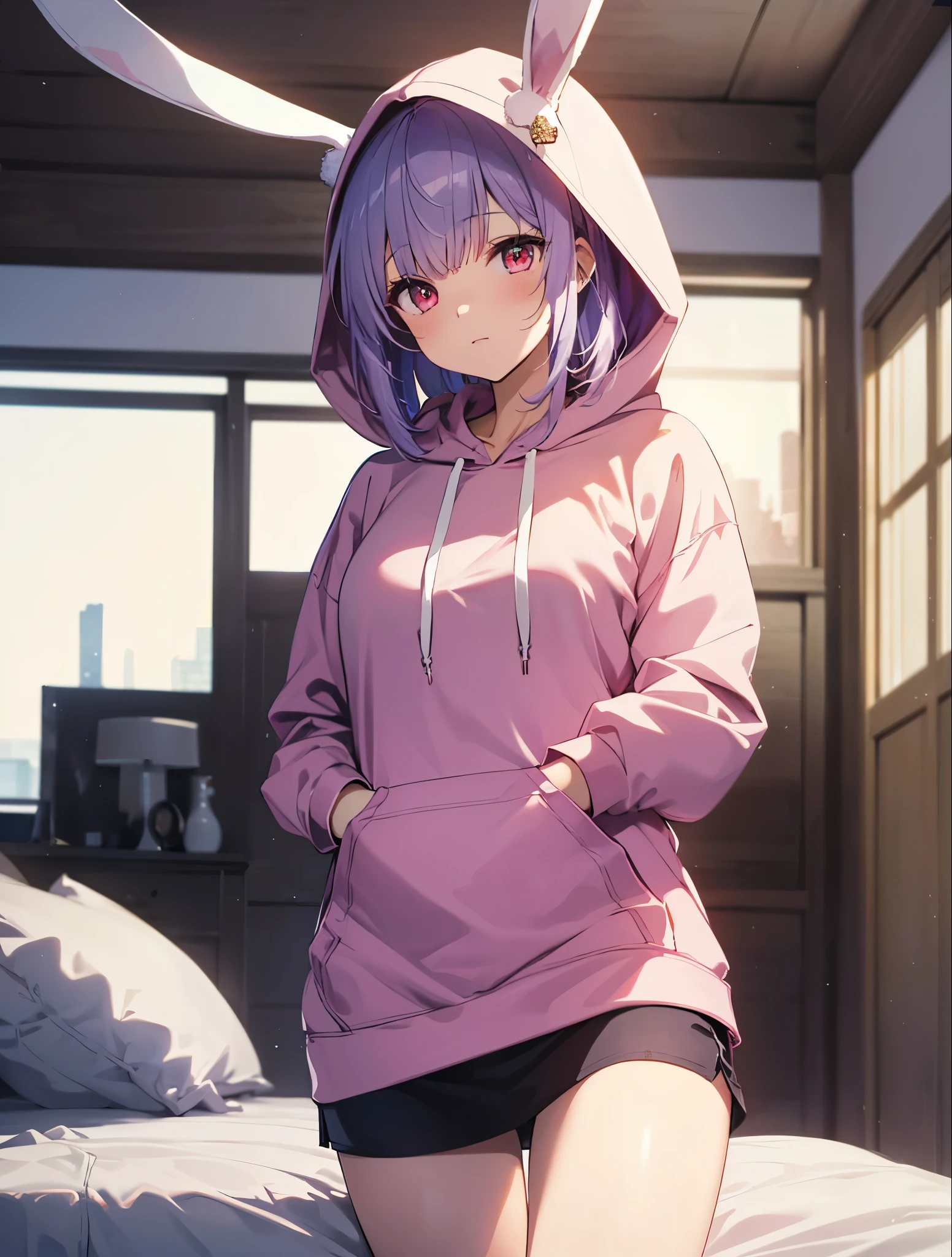 Realistic,highest quality, Ultra Detail, High-quality CG rendering, The most delicate and beautiful, Floating softly, High resolution, (1 girl), (Highest quality,4K,8K,masterpiece:1.2), Light purple hair,Rabbit,Bunny ears,Long Hair,Red eyes,(White oversized hoodie:1.3),Inside the room,bed,(bedに座っている:1.4)