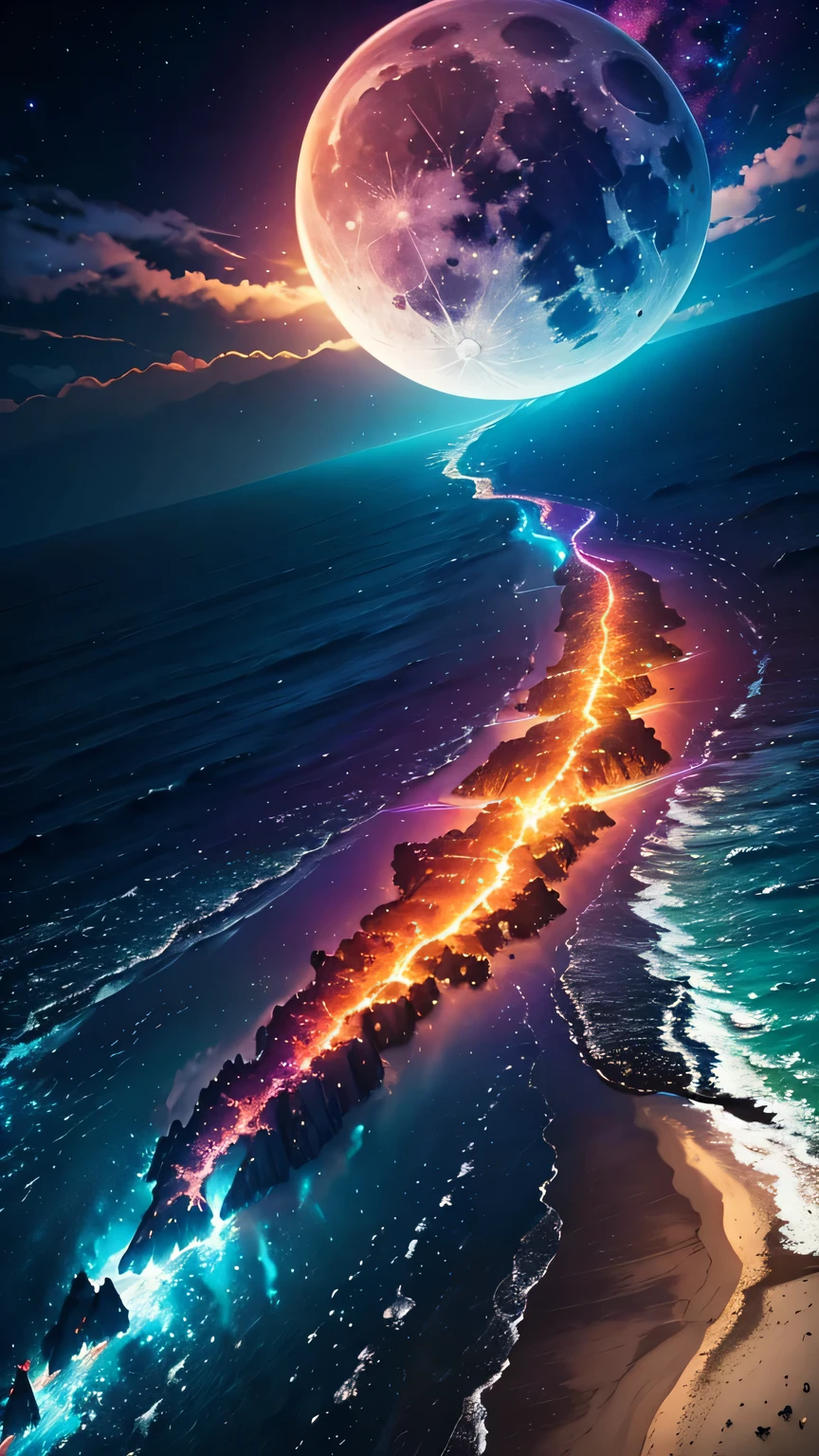 vast landscape photos ,Sea,Beach (Full Moon:1.2), ( meteor:0.9), (nebula:1.3), (masterpiece:1.2), (best quality), 4K, Super detailed, (Dynamic Synthesis:1.4), Very detailed, Colorful Detailed,( Rainbow Colors:1.2), (Luminous lighting, Mood lighting), dream, magic, (Solitary:1.2)