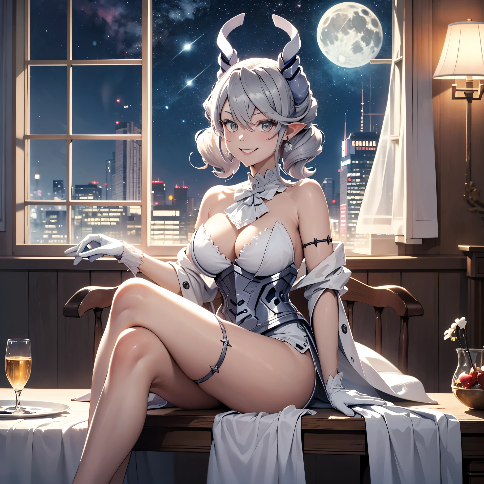 table top　High level image quality　best image quality　8K　 adult woman　whole body　portrait　pure white long gloves（elbow gloves）　　white long dress（slit）　white wolf ears  　short hair（（shortcut）（gray hair）（perm）（fluffy））　eye color is red　attractive evil face（（smile）（ open your mouth））nightfall moon  　sexy pose , crossed legs style in detailed , sitting,  labrynth ,  view from side pov , sole