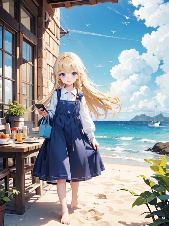 (8k, highest quality, Tabletop:1.2), One , Detailed face, blue eyes, Blonde, Braid, Blue Dress, White apron, blue sky, Ocean, Sandy Beach, Walking barefoot