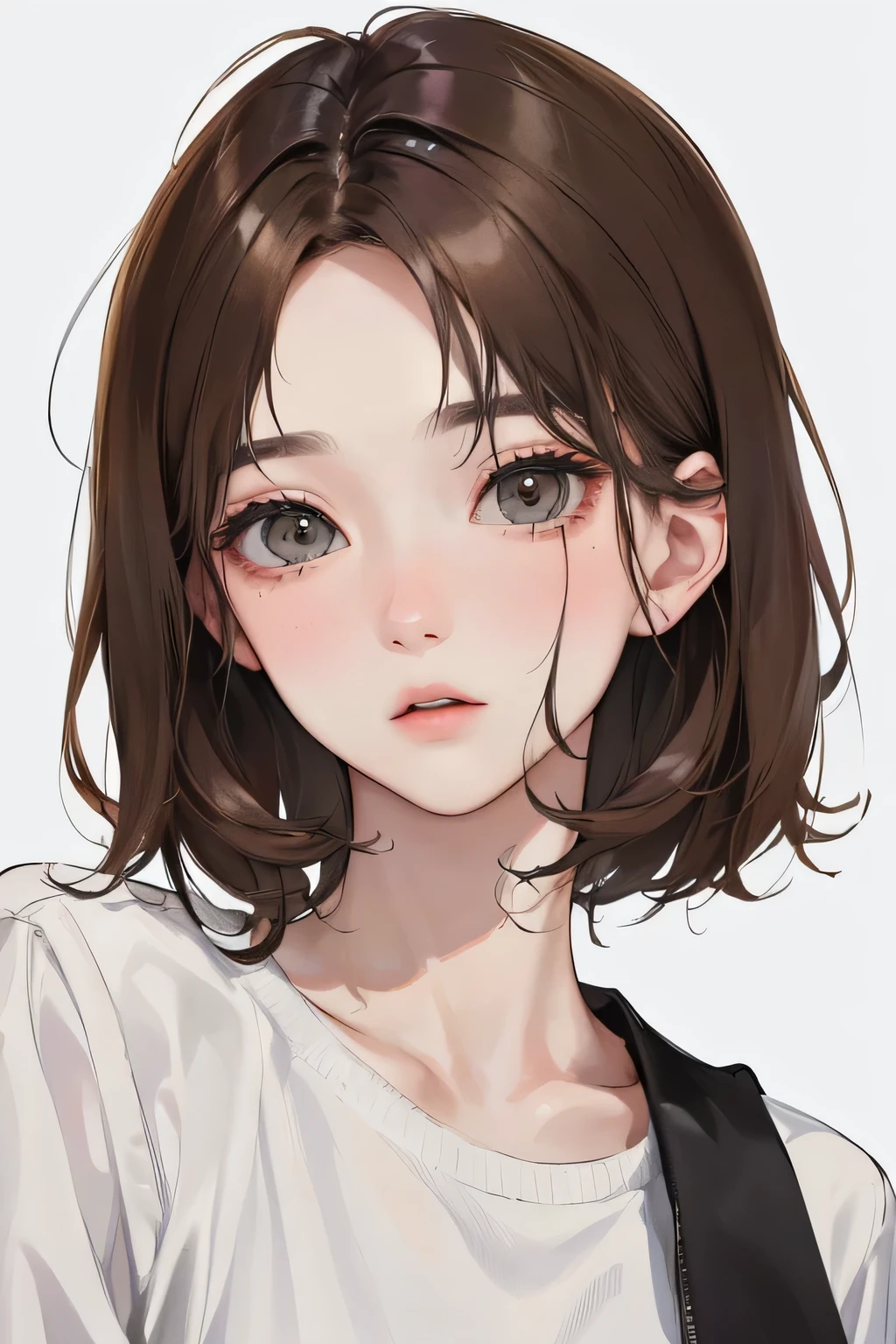(Top resolution、Distinct_image)top-quality、femele、masterpiece、ighly detailed、Semi-realistic、grey eyes、18year old、young、Casual clothing、Exquisite facial features、Facial features、short hair, Brown eyes