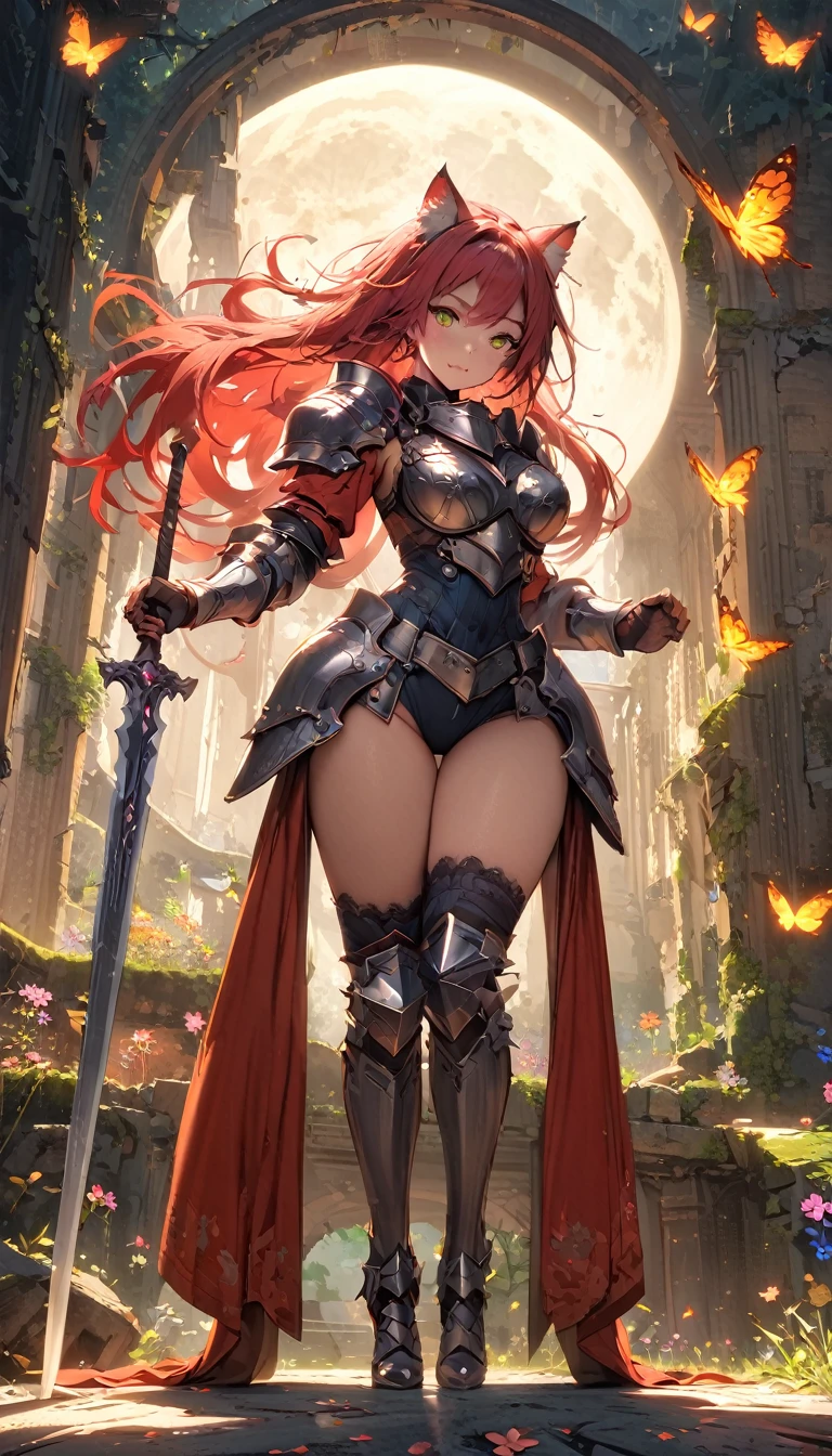 (masterpiece), (best quality:1.4), (perfect anatomy:1.4), high quality, expressive eyes, full body, detailed face, beautiful face, perfect face, {1 girl}, armored knight, faerie stronghold, ancient ruins, overgrown, vines, moss-covered stones, magical armor, Eurasian lynx, hazel eyes, fiery red hair, Fae blade, enchanted, wildflowers, protector, full moon, mystical, strength, grace, duty, curvy, dynamic poses, dynamic lighting, butterflies