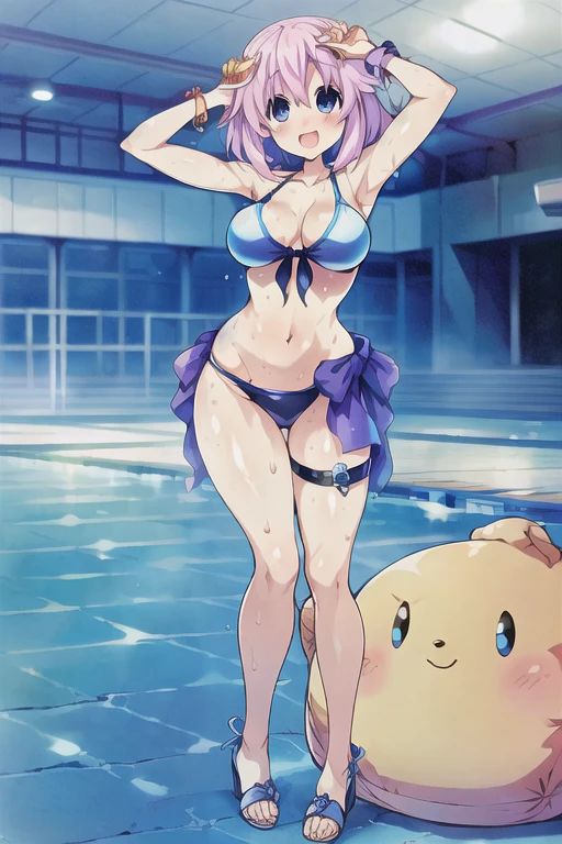 (((masterpiece))), ((highest quality)), ((Very detailed)), ((High resolution)), ((8k)), ((Anatomically correct)), One Woman, Big Breasts, Short Hair, (he is short), Very cute woman, delicate, Charming smile, Light pink hair, Lilac eyes, Bright Eyes, Big Eyes, Best moment, Vivid eyes, Beautiful Skin, Cute face, delicateな腕, Detailed skin texture, Intricate details, Very detailedな顔, Beautiful Eyes, Beautiful curves, View your viewers, Beautiful thighs, Sweating, I can see my belly button, Wear a bright blue swimsuit, Late night pool, barefoot, Looking up, Open your mouth, blush, Date with a lover, Wink, A big smile, Wearing Sandals, Lower your hands, Beautiful standing posture, Model standing, Tie a pareo around your waist,
