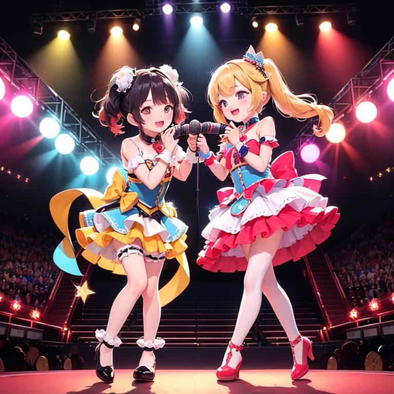 high details, high quality, high-definition32K, Idol Stage.Two Women,18-year-old,Colorful light,Spotlight,microphone,music,performance,Gorgeous,Energetic,pop,cute,Costume,Live feeling,audience,confidence,