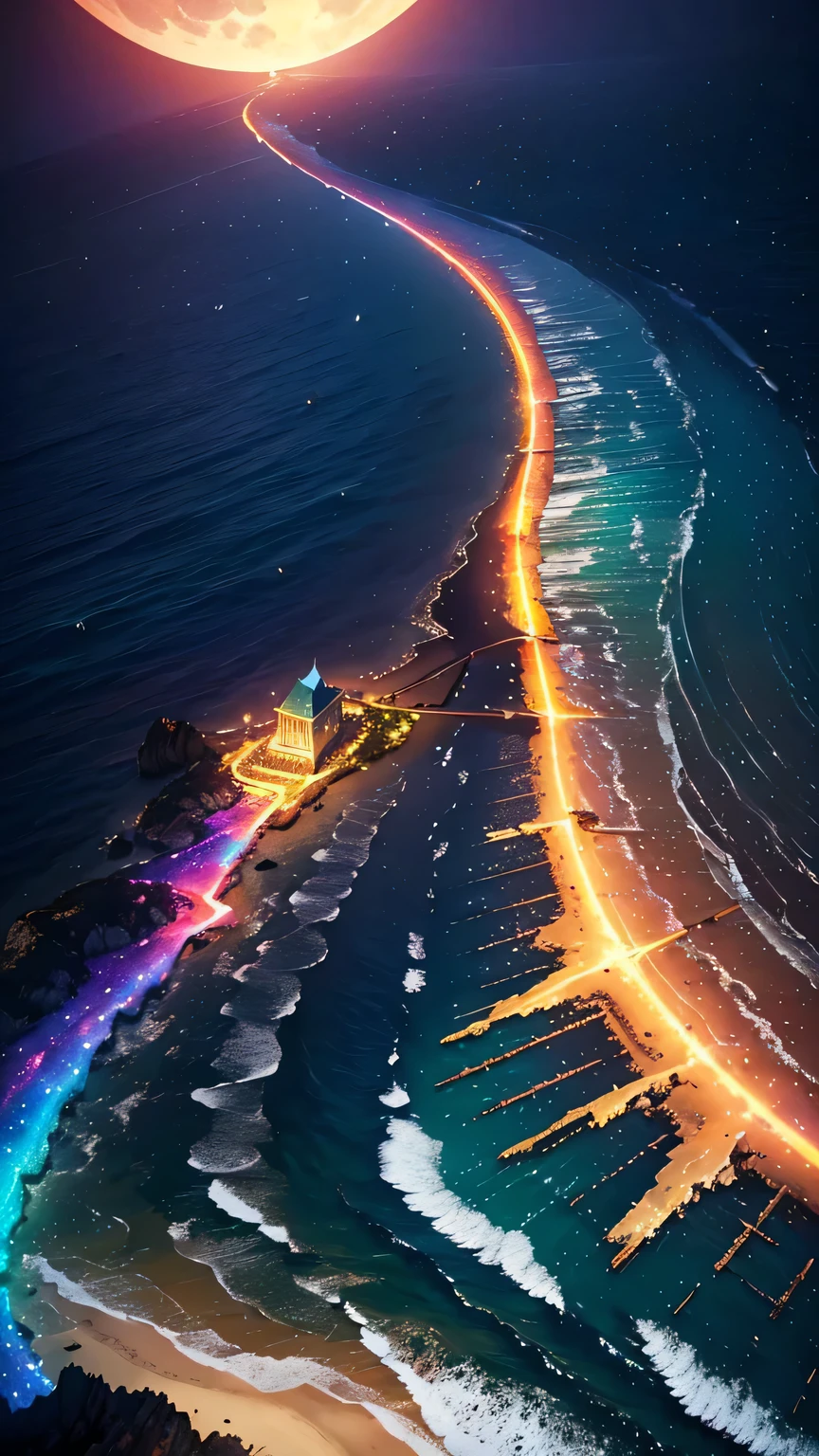 vast landscape photos ,Sea，Beach (Full Moon:1.2), ( meteor:0.9), (nebula:1.3), (masterpiece:1.2), (best quality), 4K, Super detailed, (Dynamic Synthesis:1.4), Very detailed, Colorful Detailed,( Rainbow Colors:1.2), (Luminous lighting, Mood lighting), dream, magic, (Solitary:1.2)