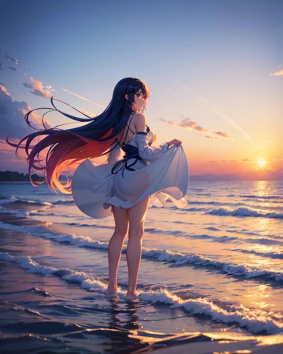 Anime girl with long hair standing in the water at sunset, Anime style 4k, Anime Art Wallpaper 4K, Anime Art Wallpaper 4K, Anime Art Wallpaper 8K, Makoto Shinkai Cyril Rolando, Beautiful anime artwork, 4k anime wallpaper, anime wallpaper 4k, anime wallpaper 4k, Beautiful anime, Beautiful anime art, Anime girl walking on water