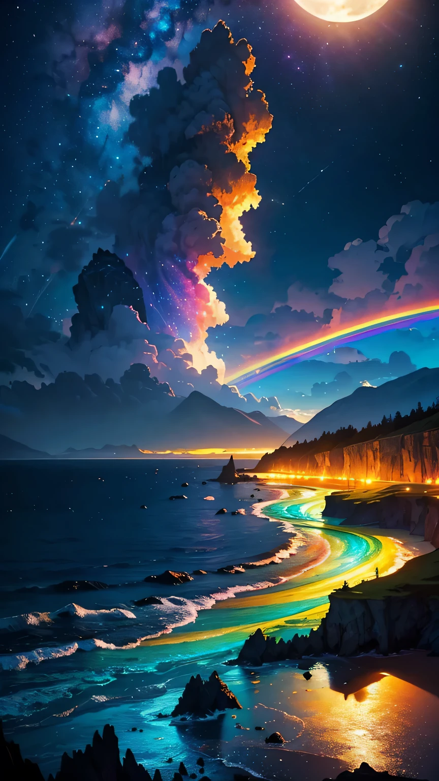 vast landscape photos ,Sea，Beach (Full Moon:1.2), ( meteor:0.9), (nebula:1.3), (masterpiece:1.2), (best quality), 4K, Super detailed, (Dynamic Synthesis:1.4), Very detailed, Colorful Detailed,( Rainbow Colors:1.2), (Luminous lighting, Mood lighting), dream, magic, (Solitary:1.2)