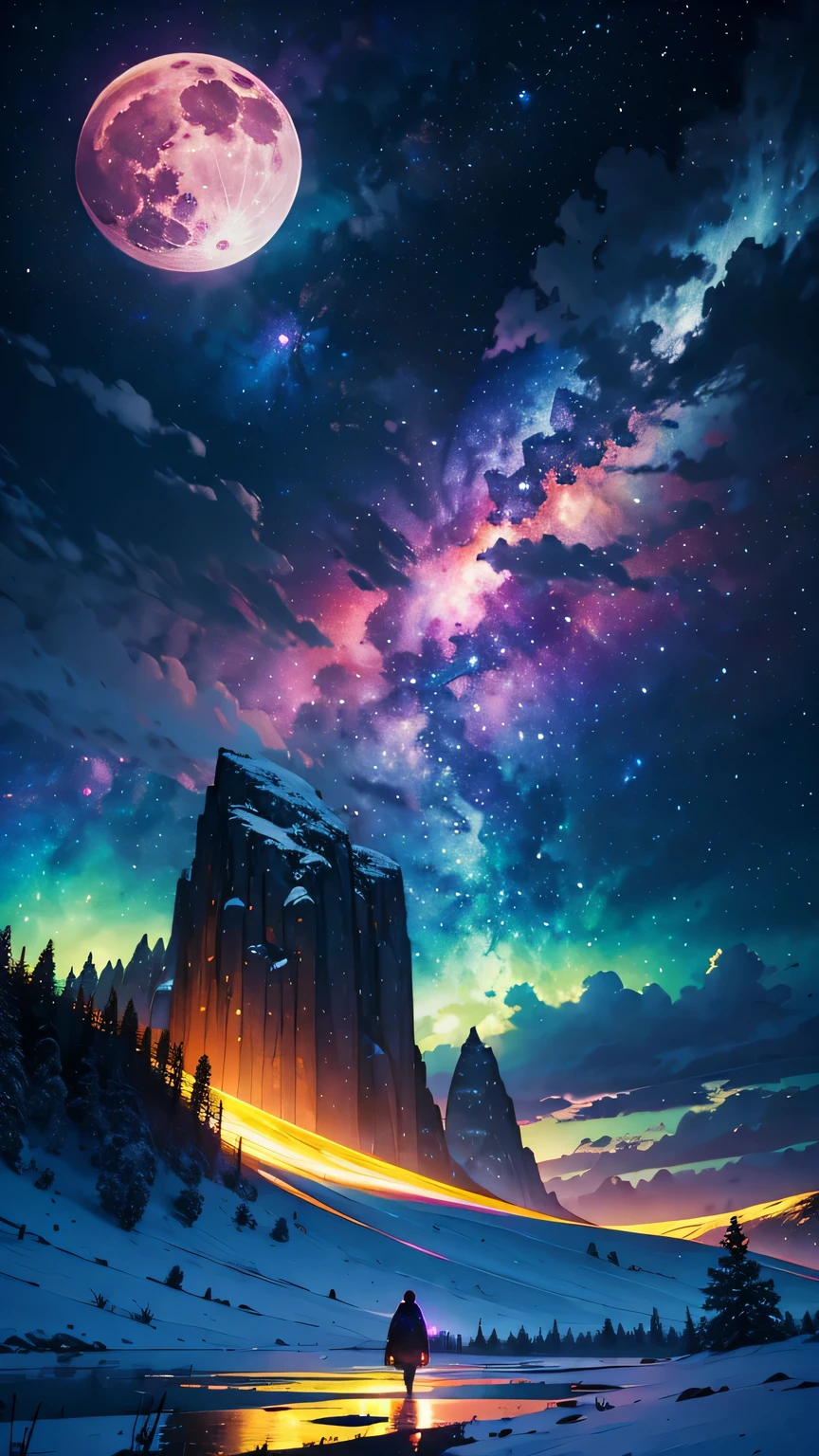 vast landscape photos ,Snow,Farm (Full Moon:1.2), ( meteor:0.9), (nebula:1.3), (masterpiece:1.2), (best quality), 4K, Super detailed, (Dynamic Synthesis:1.4), Very detailed, Colorful Detailed,( Rainbow Colors:1.2), (Luminous lighting, Mood lighting), dream, magic, (Solitary:1.2)