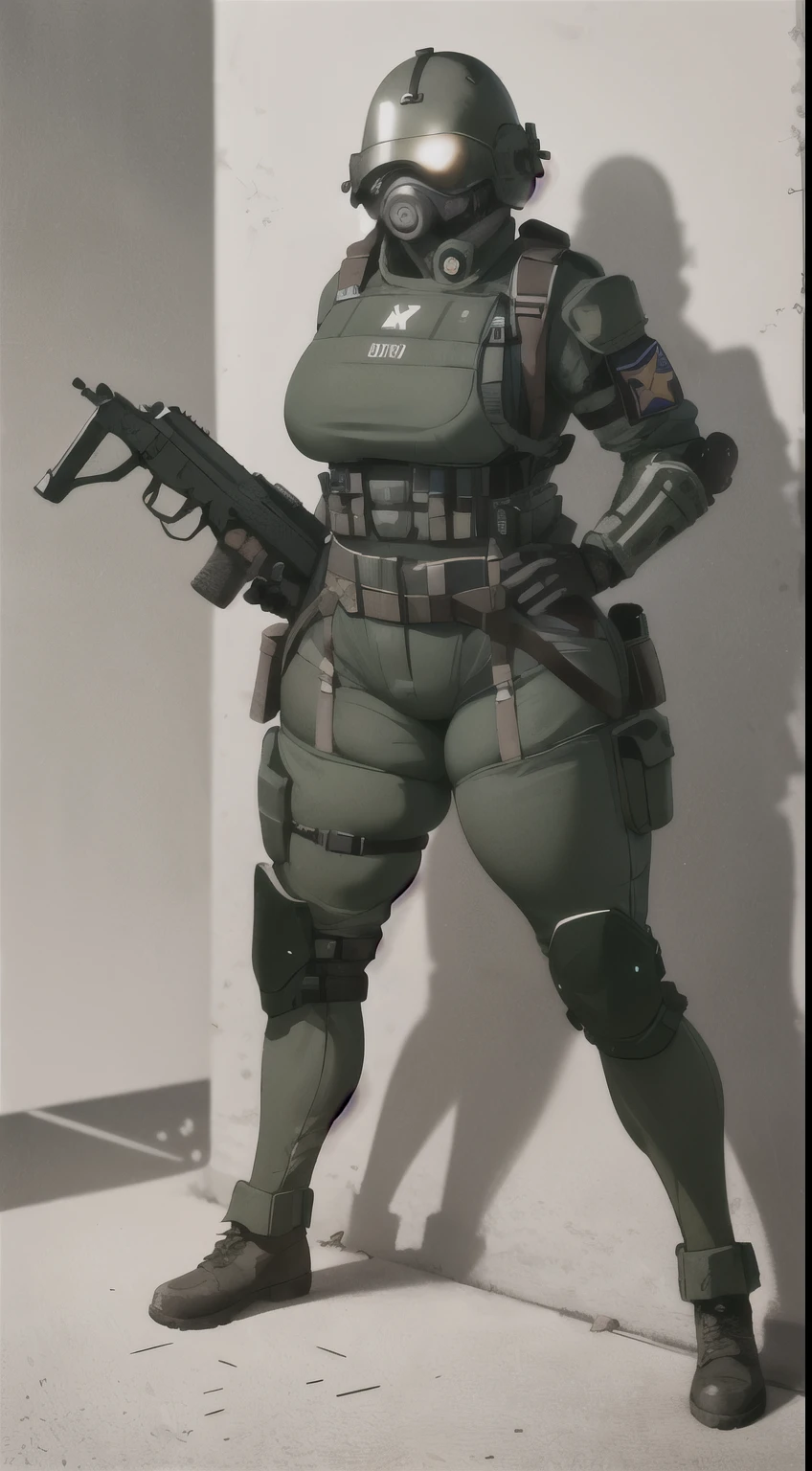 combine soldier, 1girl, solo, standing, helmet, gloves, looking at viewer, facing viewer, military, science fiction, jumpsuit, bulletproof vest, breasts, wide hips, skintight, combat boots, coat around waist, mechanic girl, holding shotgun, holster, chest rig, ammo pouches, satchel, toolbelt, vest collar, body armor, shoulder pads, thigh pads, kneepads, armor, high quality shadows, glowing eyes, straps, shotgun shells, menacing, thick thighs, riot gear, riot helmet, bullet proof visor, padded armor, viewing side, helmet accessories,
