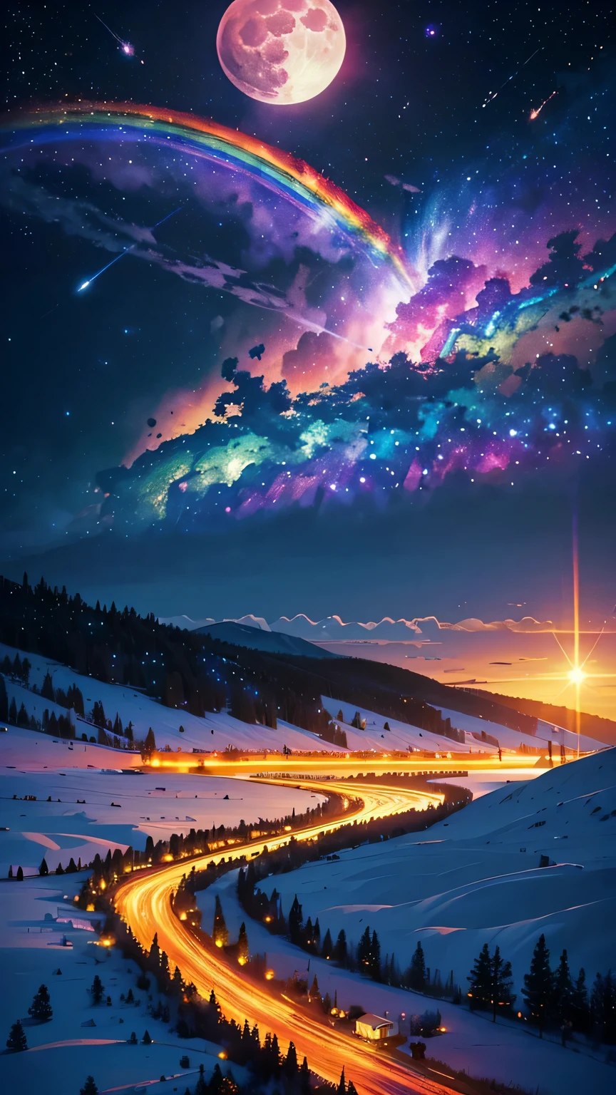 vast landscape photos ,Snow,Farm (Full Moon:1.2), ( meteor:0.9), (nebula:1.3), (masterpiece:1.2), (best quality), 4K, Super detailed, (Dynamic Synthesis:1.4), Very detailed, Colorful Detailed,( Rainbow Colors:1.2), (Luminous lighting, Mood lighting), dream, magic, (Solitary:1.2)