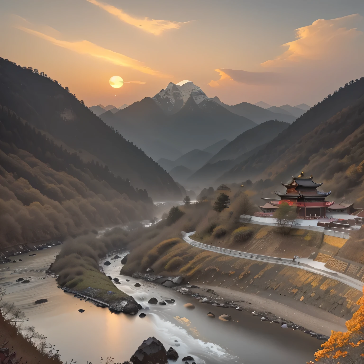 raw photo, sunrise, China Mountain Scenery, Chinese forests and rivers, cozy, photorealistic, Chinese architecture sparsely hidden in nature, high detailed texture, 8k uhd, dslr, soft lighting, high quality, film grain, Fujifilm XT3, Sony A7 IV, highly detailed photography, (muted colors, cinematic, dim colors, soothing tones:1.2), vibrant, insanely detailed, hyperdetailed, (dark shot:1.2), (vsco:0.3), (intricate details:0.9), (hdr, hyperdetailed:1.2) (highest coherency: 1.39) (highest quality: 1.39) (rule-of-thirds) (award-winning) (masterclass) (highest resolution: 1.39), The warmth of the rising sun shines on this natural land