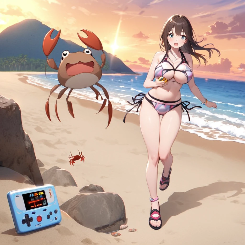 An otter on a beach does battle with a crab on a beach at sunset, like a video game they have health meters, a bikini clad woman watches
