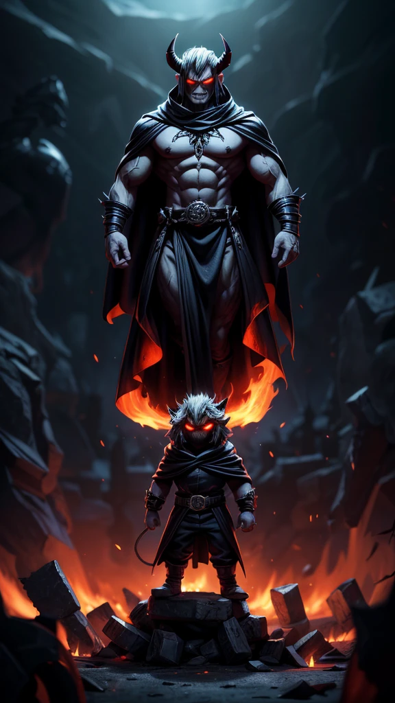 A demon king, (best quality, highres, masterpiece:1.2), ultra-detailed, realistic:1.37, dark atmosphere, dark and ominous, hellish scenery, devilish aura, intimidating presence, glowing red eyes, long sharp horns, sinister smile, flowing black cloak, powerful and muscular build, surrounded by flames, demonic minions, glowing symbols, ancient ruins, eerie lighting, haunting shadows, surreal artwork, deep shadows and highlights, vibrant colors, supernatural powers.