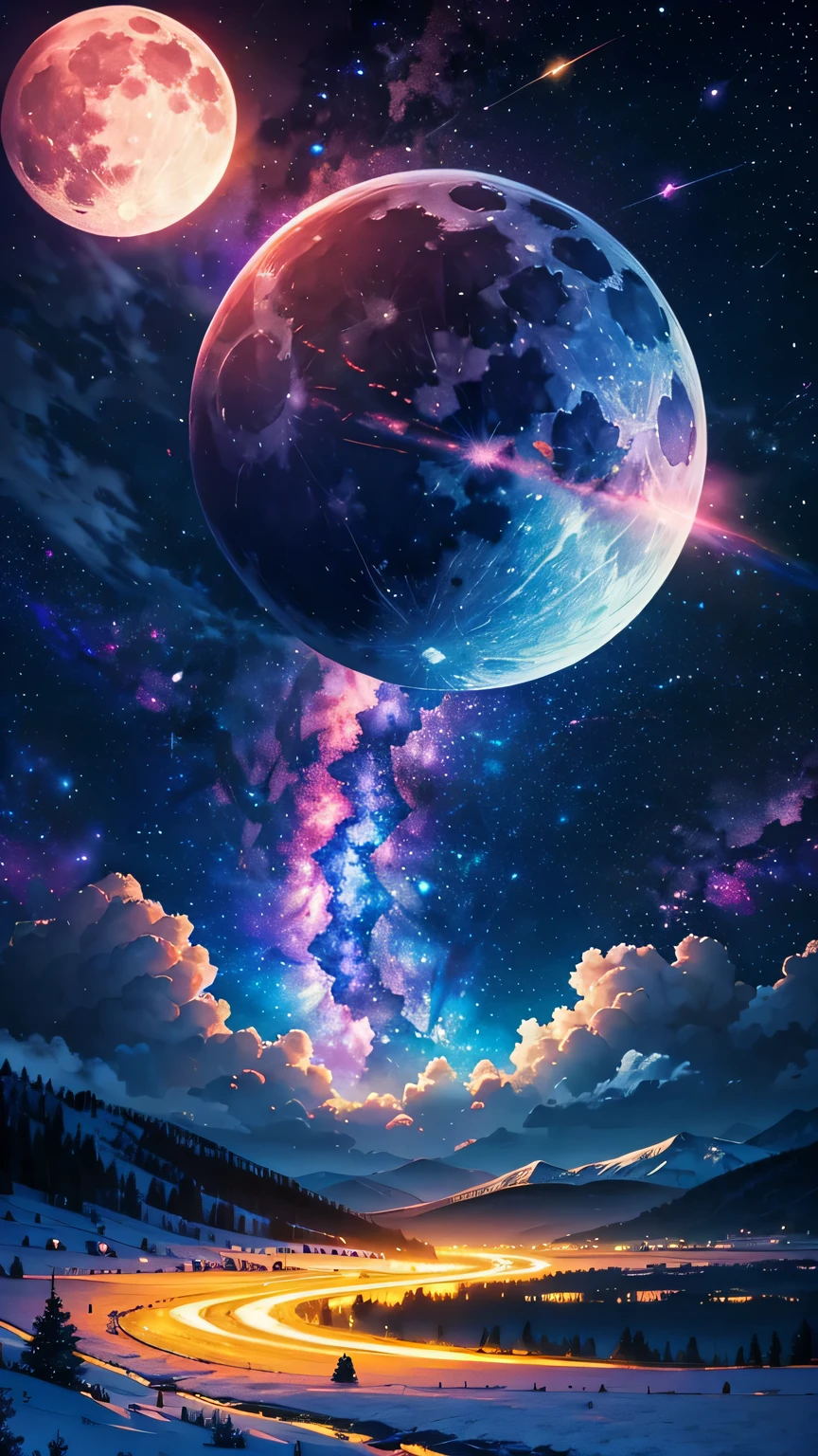 vast landscape photos ,Snow，Farm (Full Moon:1.2), ( meteor:0.9), (nebula:1.3), (masterpiece:1.2), (best quality), 4K, Super detailed, (Dynamic Synthesis:1.4), Very detailed, Colorful Detailed,( Rainbow Colors:1.2), (Luminous lighting, Mood lighting), dream, magic, (Solitary:1.2)