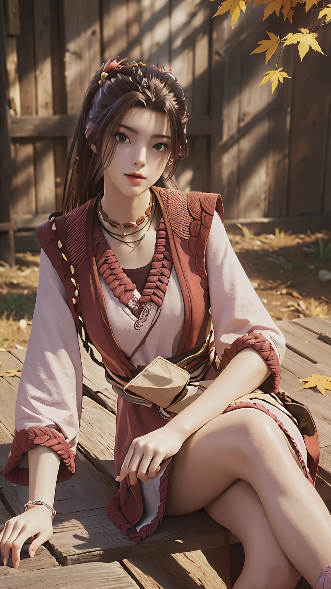 (best quality,4k,8k,highres,masterpiece:1.2),ultra-detailed,realistic, HDR,UHD,girl,sitting,cross-legged,full-body view,beautiful detailed eyes,beautiful detailed lips,extremely detailed eyes and face,long eyelashes,lovely,brown long hair,brown long dress,white thigh-high socks,autumn foliage,forest of maple leaves,atmospheric lighting,vivid colors