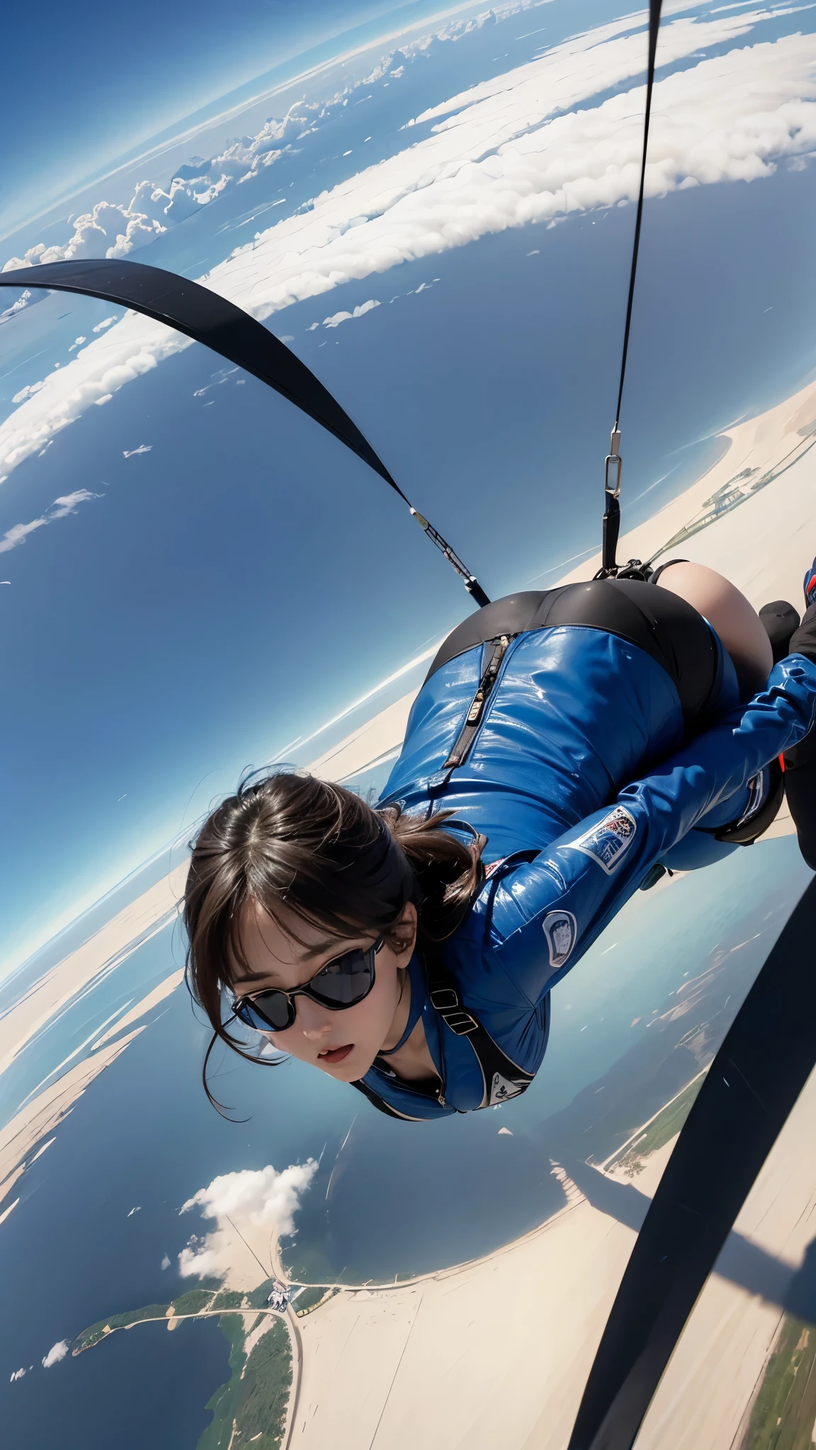 Arafed woman in blue jacket flying through the air with a parachute ...
