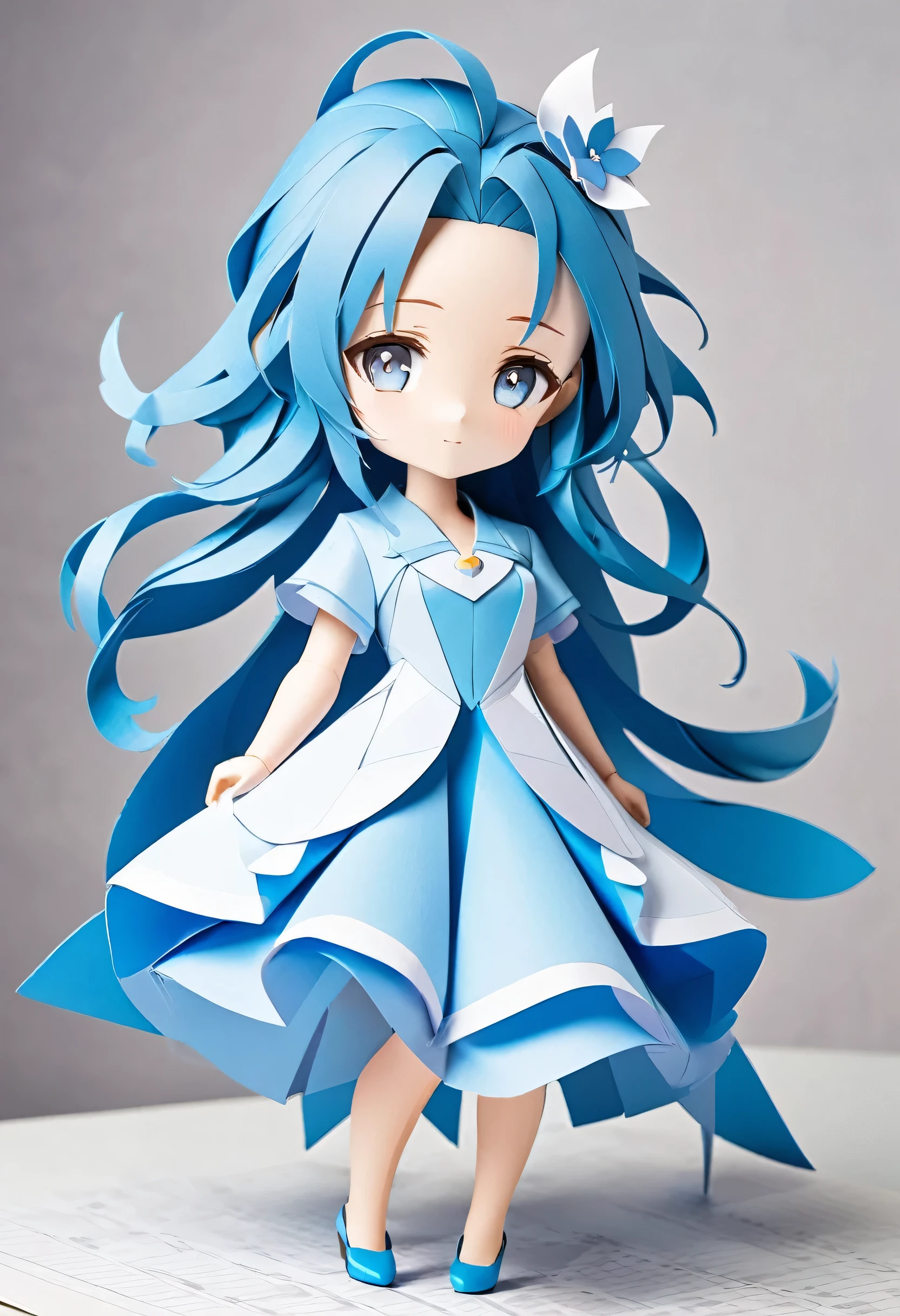 16k, papercraft:2, a forehead:0.3 blue hair long hair lovely girl, lovely blue eyes.