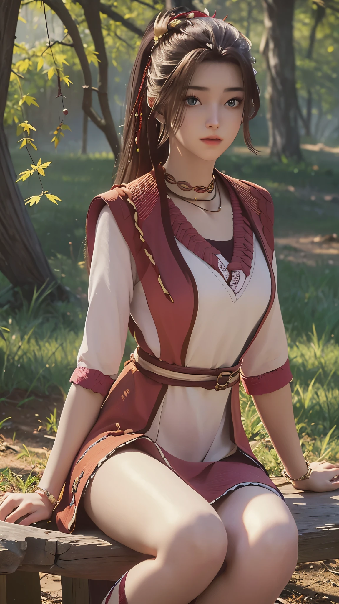 (best quality,4k,8k,highres,masterpiece:1.2),ultra-detailed,realistic, HDR,UHD,girl,sitting,cross-legged,full-body view,beautiful detailed eyes,beautiful detailed lips,extremely detailed eyes and face,long eyelashes,lovely,brown long hair,brown long dress,white thigh-high socks,autumn foliage,forest of maple leaves,atmospheric lighting,vivid colors