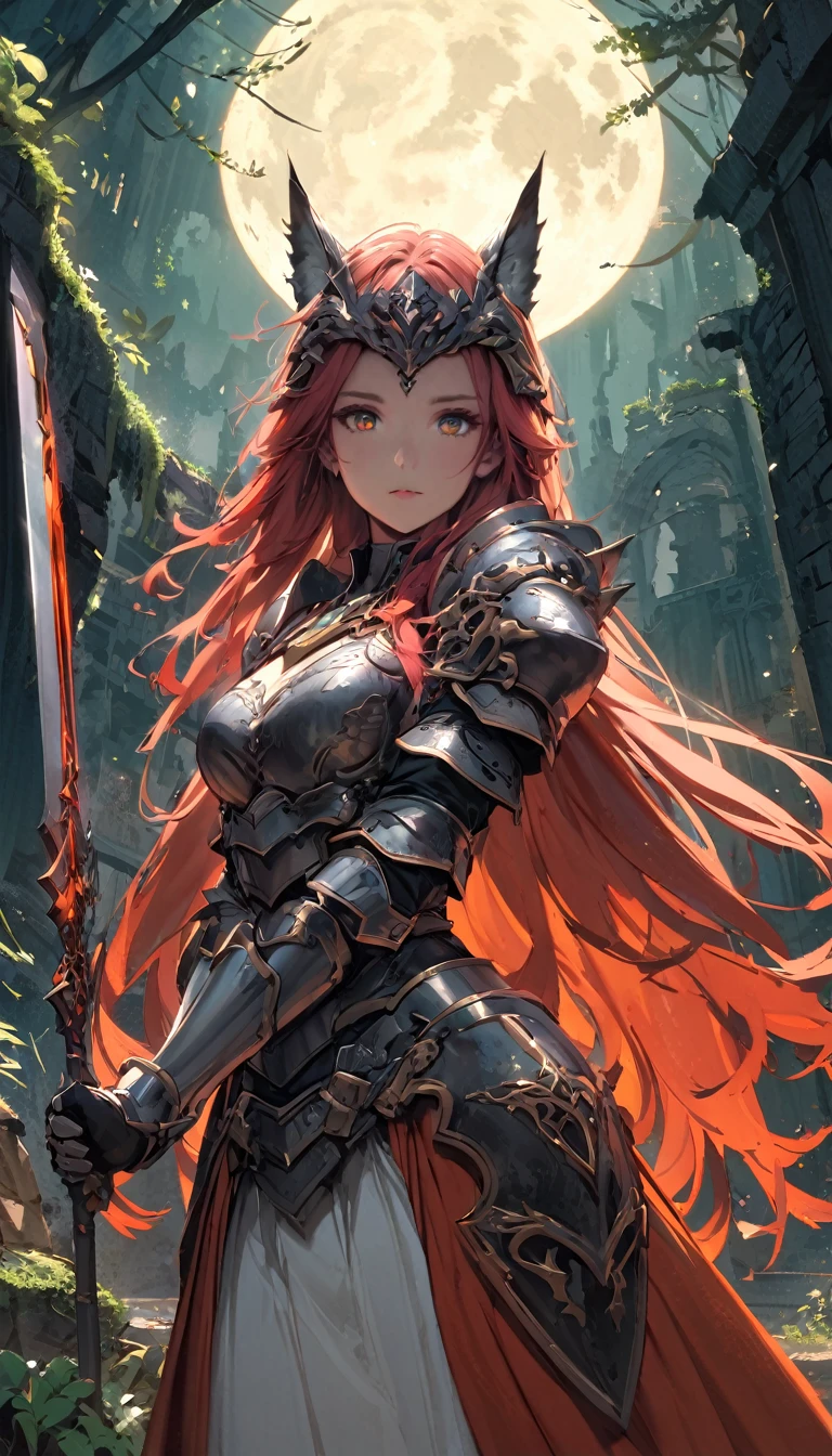 (masterpiece), (best quality:1.4), (perfect anatomy:1.4), high quality, expressive eyes, portrait, detailed face, beautiful face, perfect face, {1 girl}, in her armored knight form, standing amidst the ancient ruins of a faerie stronghold. The ruins are overgrown with twisting vines and moss-covered stones, giving the impression of a forgotten kingdom reclaimed by nature. Rhode stands tall and resolute, clad in her magical armor styled after the Eurasian lynx, with her hazel eyes gleaming with determination. Her fiery red hair cascades in loose waves down her back, contrasting with the muted colors of her surroundings. In one hand, she holds her enchanted Fae blade, its blade shimmering with otherworldly energy. In the other hand, she holds a sprig of wildflowers, symbolizing her connection to the natural world and her role as a protector of the faerie realm. Behind her, the silhouette of a full moon rises in the night sky, casting an ethereal glow over the scene and hinting at the mystical powers that lie dormant within Rhode. As she surveys the ruins with a mix of solemnity and resolve, Rhode's presence exudes strength, grace, and a timeless sense of duty to her people and her homeland.