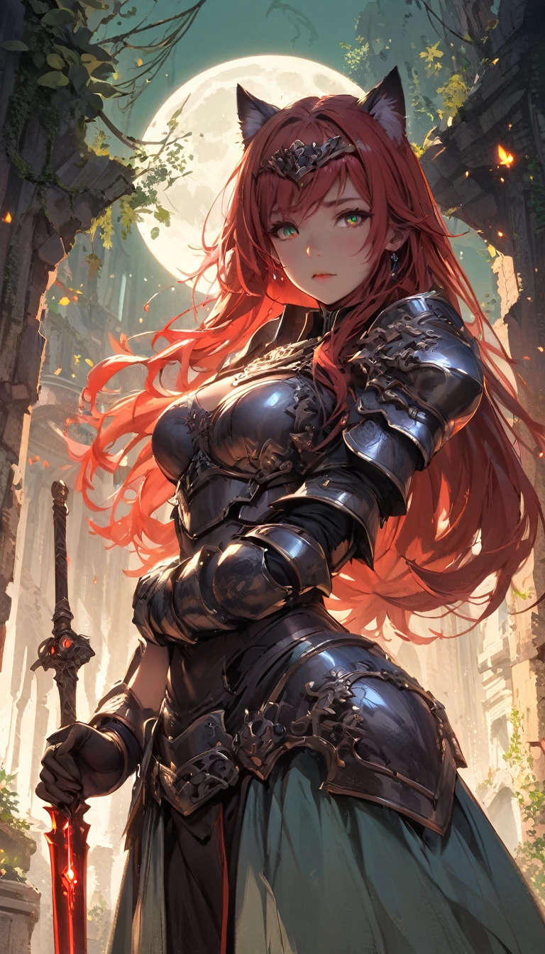 (masterpiece), (best quality:1.4), (perfect anatomy:1.4), high quality, expressive eyes, portrait, detailed face, beautiful face, perfect face, {1 girl}, in her armored knight form, standing amidst the ancient ruins of a faerie stronghold. The ruins are overgrown with twisting vines and moss-covered stones, giving the impression of a forgotten kingdom reclaimed by nature. Rhode stands tall and resolute, clad in her magical armor styled after the Eurasian lynx, with her hazel eyes gleaming with determination. Her fiery red hair cascades in loose waves down her back, contrasting with the muted colors of her surroundings. In one hand, she holds her enchanted Fae blade, its blade shimmering with otherworldly energy. In the other hand, she holds a sprig of wildflowers, symbolizing her connection to the natural world and her role as a protector of the faerie realm. Behind her, the silhouette of a full moon rises in the night sky, casting an ethereal glow over the scene and hinting at the mystical powers that lie dormant within Rhode. As she surveys the ruins with a mix of solemnity and resolve, Rhode's presence exudes strength, grace, and a timeless sense of duty to her people and her homeland.