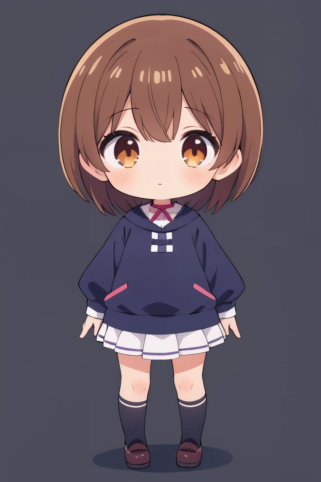 kawaii,chibi,1girl,4K anime girl,full body,simple background,stand up, ,front view,brown eyes,brown hair,short hair,cartoon, long sleeve,cute,--niji 5