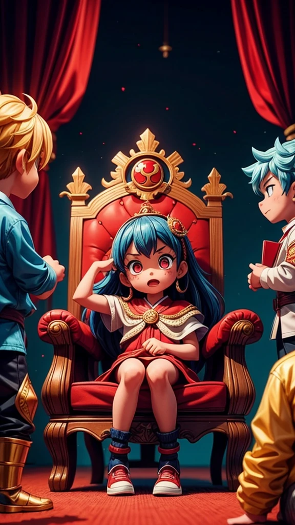 King Enma、A scared girl sits before the King of Hell、Guardians of the Red and Blue Demons