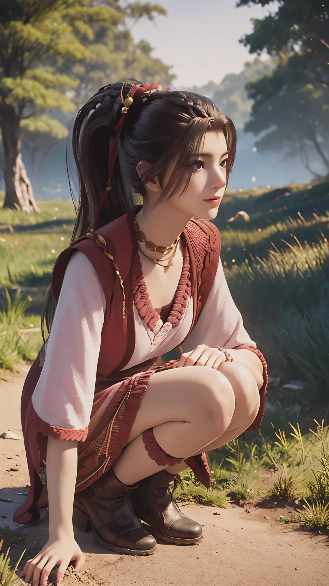 (very aesthetic, best quality, Super detailed), Intricate details,
1 Girl, beautiful girl,
Advanced, European, Maroon eyes, Pale cheeks, Square face，Angular chin,Nature "no-cosmetic" cosmetic,
Pilgrim accommodation,
Wearing ribbed Aran sweater，Tucked into plaid midi skirt，Pair with high-heeled ankle boots and transparent stockings ,
Dark brown hair ,
Side Ponytail ,
Upper Body ,
From the front ,
Crouching,
Cheerful and lively, Surrealism,
Dark theme,
Soothing Tones,
High contrast,
Nature skin texture,
Soft Light,
sharp,
Art Photography,