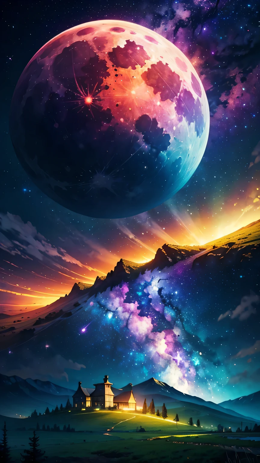 vast landscape photos ,Mountain,Farm (Full Moon:1.2), ( meteor:0.9), (nebula:1.3), (masterpiece:1.2), (best quality), 4K, Super detailed, (Dynamic Synthesis:1.4), Very detailed, Colorful Detailed,( Rainbow Colors:1.2), (Luminous lighting, Mood lighting), dream, magic, (Solitary:1.2)