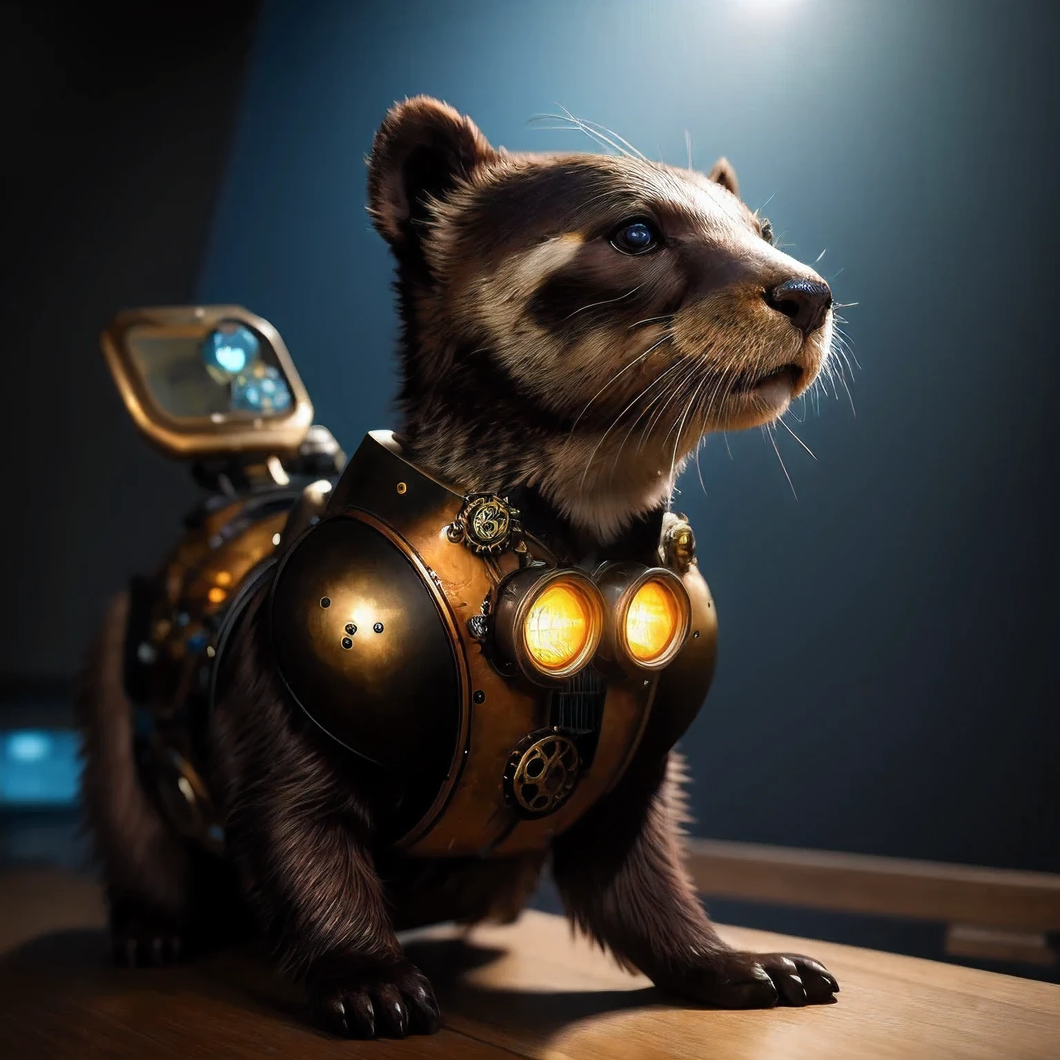 An otter (((steam punk))) otters3 D rendering digital art, (otters) fantasy style, 8 k solar punk wallpaper，Close-up of a robot with a light on its head, cyber steampunk 8 k 3 d, 3 d render Bepple,otters. Unreal Engine 5, Bepple. Octane Rendering, 3d rendering digital art, (one) Fantasy style, 4k solar punk wallpaperone