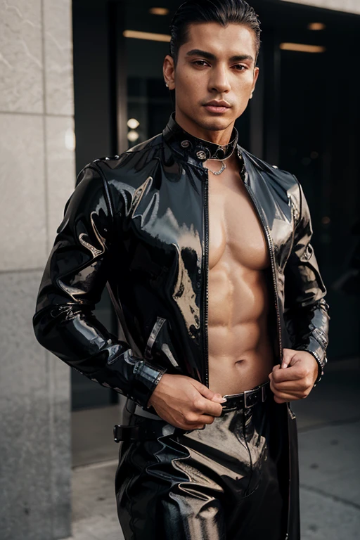 Handsome Latino Man Glamor Modern Fashion Fashion Shiny Stones Rhinestones Black Outfit Athletic Metallic Leather Metallic Jacket Sexy Pop Star Chest Black Transparent Metal Silver and Black Harness