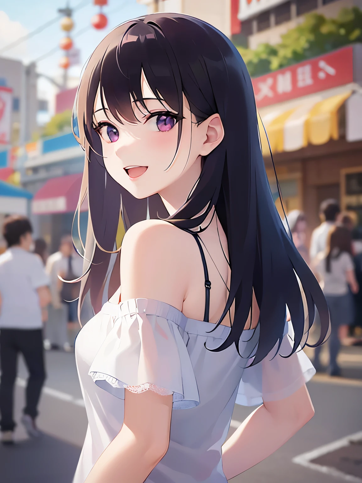look back, Pointing with finger, Biologically correct five fingers、upper body, Realistic, real person, (pale skin: 1.2), (RAW photo:1.5), photorealistic, shiny skin, shiny hair、(A 25-year-old woman with straight hair and bangs) and (medium hair) and (black hair) and (purple eyes), White off-shoulder blouse, (smile:1.3), open mouth, The background is an amusement park、alone、Are standing