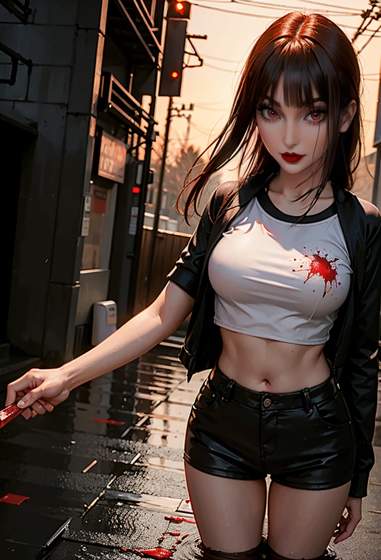 masterpiece, best quality, Looking at the audience, For the audience, Bare legs, 1 Girl, Solitary, Upper Body, bow, Setofuku, Disgusted face, at night, Heavy rain, outdoor, City, crop top, navel, Wet clothes, Soaked, Sleeves too long, Hands in sleeves, Blood and Tears, Blood, Dark Alley, Blood splattered on the ground, Red light, Glowing eyes, Depth of Field,Holding a knife,Red sky, atmosphere,Perfect hands