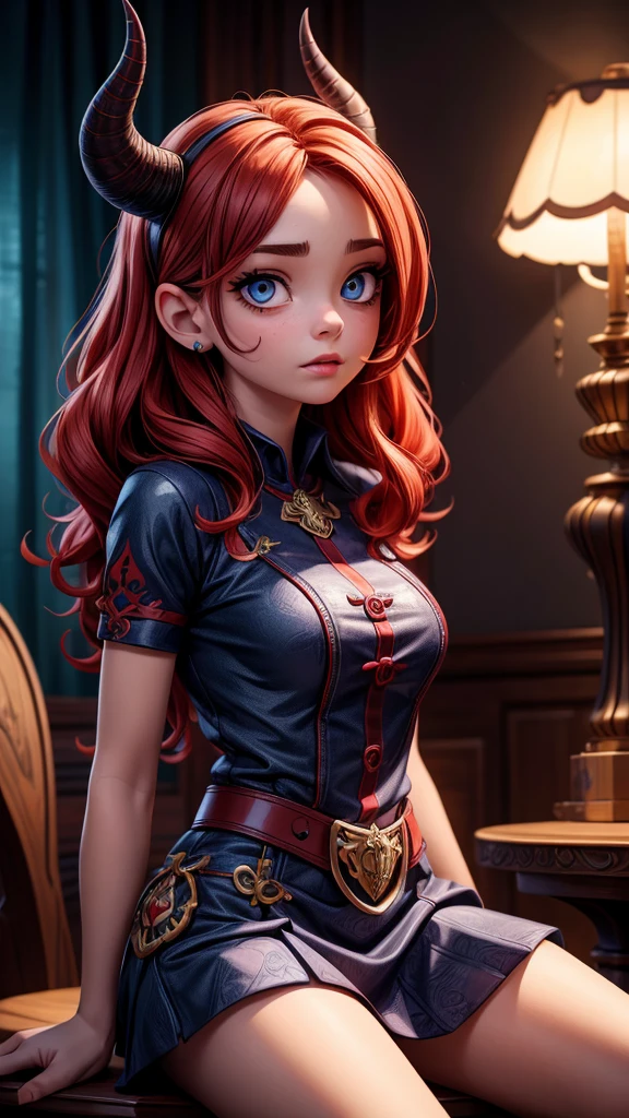 A girl sitting in front of the king of hell, with red and blue demons as her guards, (best quality,4k,8k,highres,masterpiece:1.2),ultra-detailed,realistic,portrait,scared girl,beautiful detailed eyes,beautiful detailed lips,extremely detailed eyes and face,long eyelashes,red demon,blue demon,horror,dark color tone,dramatic lighting