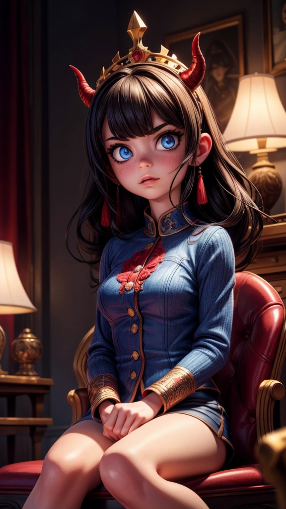 A girl sitting in front of the king of hell, with red and blue demons as her guards, (best quality,4k,8k,highres,masterpiece:1.2),ultra-detailed,realistic,portrait,scared girl,beautiful detailed eyes,beautiful detailed lips,extremely detailed eyes and face,long eyelashes,red demon,blue demon,horror,dark color tone,dramatic lighting