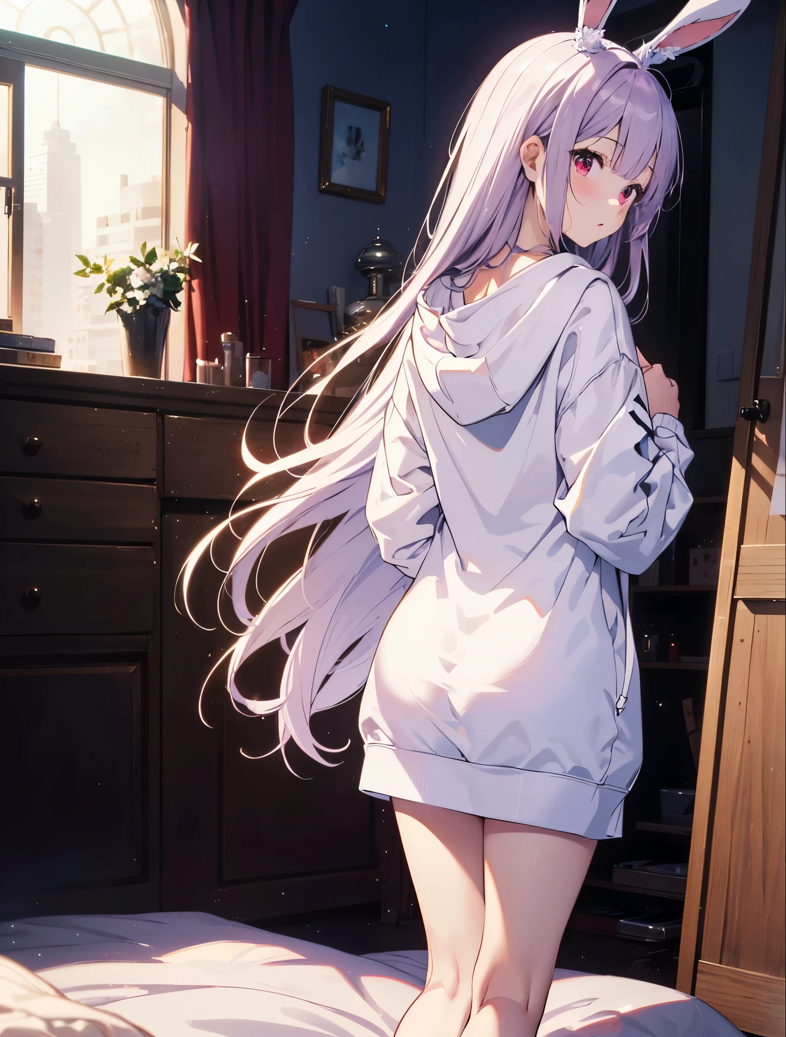 Realistic,highest quality, Ultra Detail, High-quality CG rendering, The most delicate and beautiful, Floating softly, High resolution, (1 girl), (Highest quality,4K,8K,masterpiece:1.2), Light purple hair,Rabbit,Bunny ears,Long Hair,Red eyes,(White oversized hoodie:1.3),Inside the room,bed,(bedに座っている:1.4),(Turn your back to your audience:1.3)