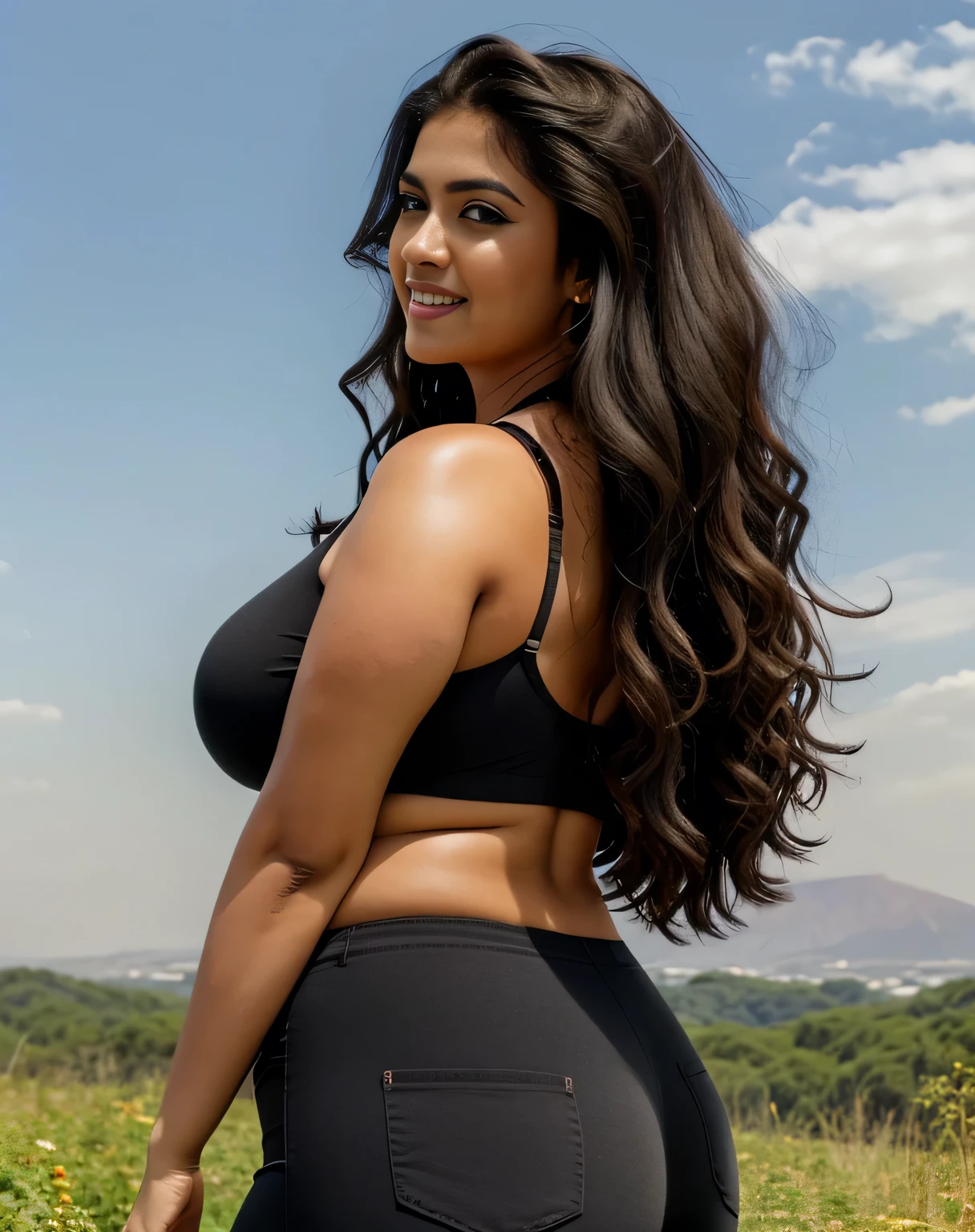 1  Indian  XXL plus size adult female, long hair, curly hair, black hair color, coloured clothes,body is full size,smooth skin, brown eyes, To smile, vegetation, hour々, business woman style clothes, random , realist, With Sun rise and sky background, 8k super realist, super detalhado e realist、front   sexy look, big mountain on  small underwear , brest size bold loose and big 