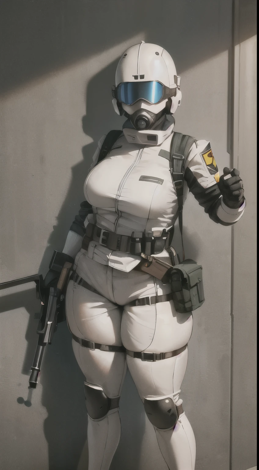 combine soldier, 1girl, solo, standing, helmet, gloves, looking at viewer, facing viewer, military, science fiction, jumpsuit, bulletproof vest, breasts, wide hips, skintight, combat boots, coat around waist, mechanic girl, holding shotgun, holster, chest rig, ammo pouches, satchel, toolbelt, vest collar, body armor, shoulder pads, thigh pads, kneepads, armor, high quality shadows, glowing eyes, straps, shotgun shells, menacing, thick thighs, riot gear, riot helmet, bullet proof visor, padded armor, viewing side, helmet accessories, accessories,