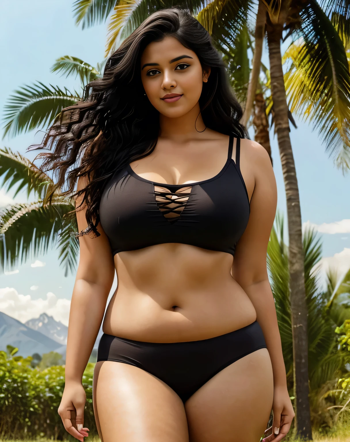 1  Indian  XXL plus size adult female, long hair, curly hair, black hair color, coloured clothes,body is full size,smooth skin, brown eyes, To smile, vegetation, hour々, business woman style clothes, random , realist, With Sun rise and sky background, 8k super realist, super detalhado e realist、front    look, big mountain on  small  , brest size bold loose and big 