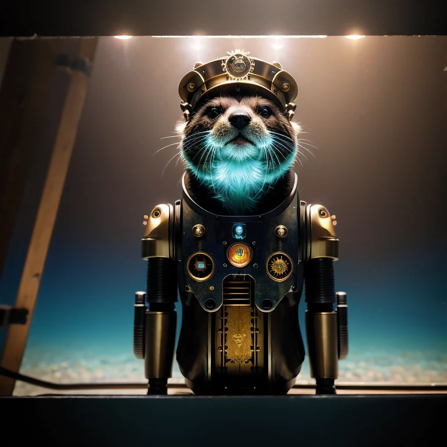 An otter (((steam punk))) otters3 D rendering digital art, (underwater world home) fantasy style, 8 k solar punk wallpaper，Close-up of a robot with a light on its head, cyber steampunk 8 k 3 d, 3 d render Bepple,otters. Unreal Engine 5, Bepple. Octane Rendering, 3d rendering digital art, (one) Fantasy style, 4k solar punk wallpaperone