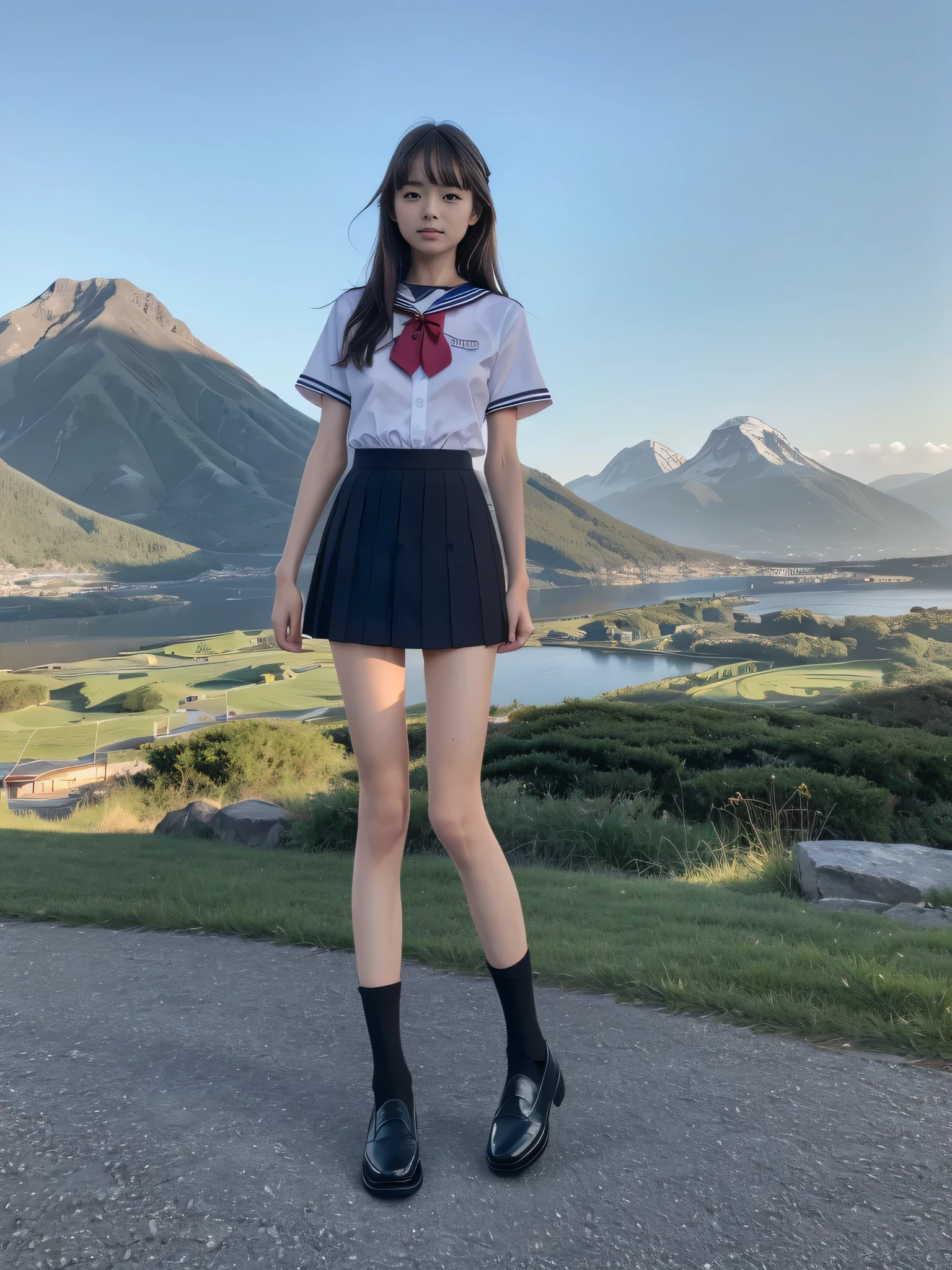 (In 8K、RAW Photos、highest quality、masterpiece:1.2), (Realistic、Photorealistic:1.37), Ultra-detailed, High resolution, One Girl, Close-up, barefoot, Iris, Japanese, color_touch_lens, (Beautiful feet:1.3), (Slender girl:1.4), Beautiful girl, (Thin legs:1.3), Sailor suit, , high school girl, JK, Ultra mini skirt, Dark blue pleated skirt, Knee-high socks, Tri-fold socks, Black socks, (Short sleeve:1.2), (Black Loafers Shoes:1.3), whole body, (Are standing:1.2), (Evening Scenery:1.3), (blue sky:1.2),(Mountain background:1.2), red_ribbon, pink_skirt