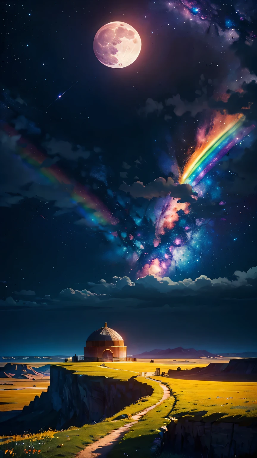 vast landscape photos ,prairie，Yurt (Full Moon:1.2), ( meteor:0.9), (nebula:1.3), (masterpiece:1.2), (best quality), 4K, Super detailed, (Dynamic Synthesis:1.4), Very detailed, Colorful Detailed,( Rainbow Colors:1.2), (Luminous lighting, Mood lighting), dream, magic, (Solitary:1.2)