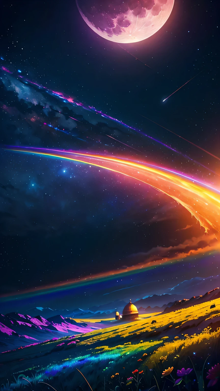 vast landscape photos ,prairie，Yurt (Full Moon:1.2), ( meteor:0.9), (nebula:1.3), (masterpiece:1.2), (best quality), 4K, Super detailed, (Dynamic Synthesis:1.4), Very detailed, Colorful Detailed,( Rainbow Colors:1.2), (Luminous lighting, Mood lighting), dream, magic, (Solitary:1.2)