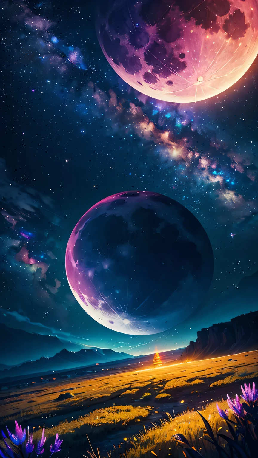 vast landscape photos ,prairie,Yurt (Full Moon:1.2), ( meteor:0.9), (nebula:1.3), (masterpiece:1.2), (best quality), 4K, Super detailed, (Dynamic Synthesis:1.4), Very detailed, Colorful Detailed,( Rainbow Colors:1.2), (Luminous lighting, Mood lighting), dream, magic, (Solitary:1.2)
