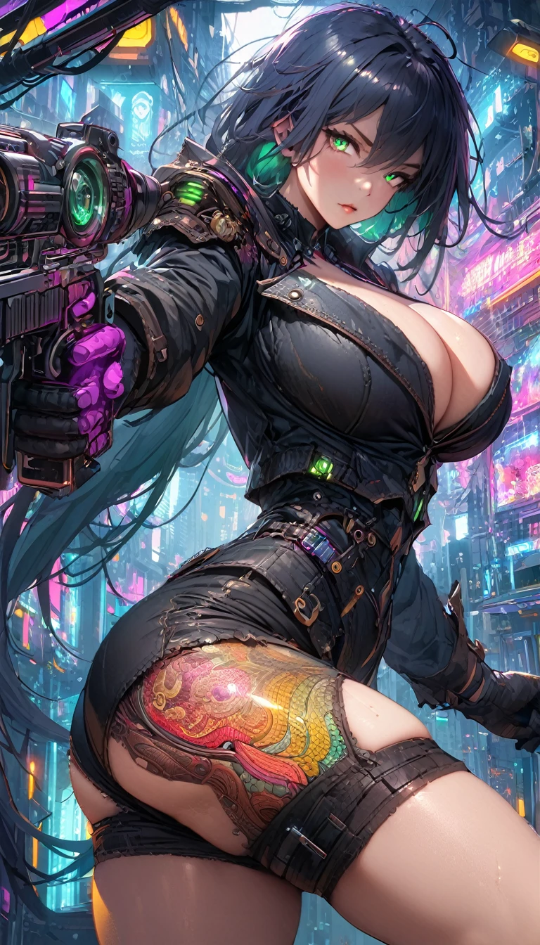 8k_wallpaper, extremely detailed eyes, extremely detailed body, (large masterpiece digital art), (detailed manga illustration), (detailed line art), ((perfect anatomy)), (intricate details:1.3), (ultra-detailed:1.3), (illustration:1.3), (sharp focus:1.3), (natural lighting:1.05), (vivid colors:1.3), (masterpiece), best quality, expressive eyes, perfect face, 1 girl, breasts, cleavage, gloves, huge breasts, cyberpunk clothes, black jacket, dark blue hair, very long hair, messy hair, green eyes, hourglass physique, alluring outfit, shorts, Fighting stance, Huge ass, Cyberworld,