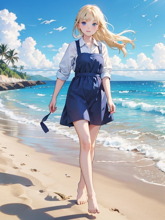 (8k, highest quality, Tabletop:1.2), One -yeld gi Detailed face, blue eyes, Blonde, Braid, Blue Dress, White apron, blue sky, Ocean, Sandy Beach, Walking barefoot, Feet in the waves