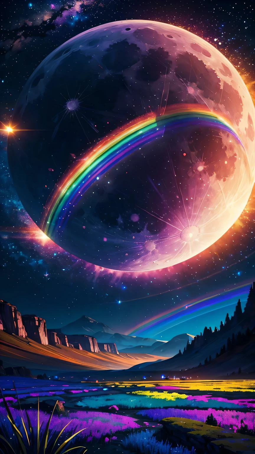 vast landscape photos ,prairie，Yurt (Full Moon:1.2), ( meteor:0.9), (nebula:1.3), (masterpiece:1.2), (best quality), 4K, Super detailed, (Dynamic Synthesis:1.4), Very detailed, Colorful Detailed,( Rainbow Colors:1.2), (Luminous lighting, Mood lighting), dream, magic, (Solitary:1.2)