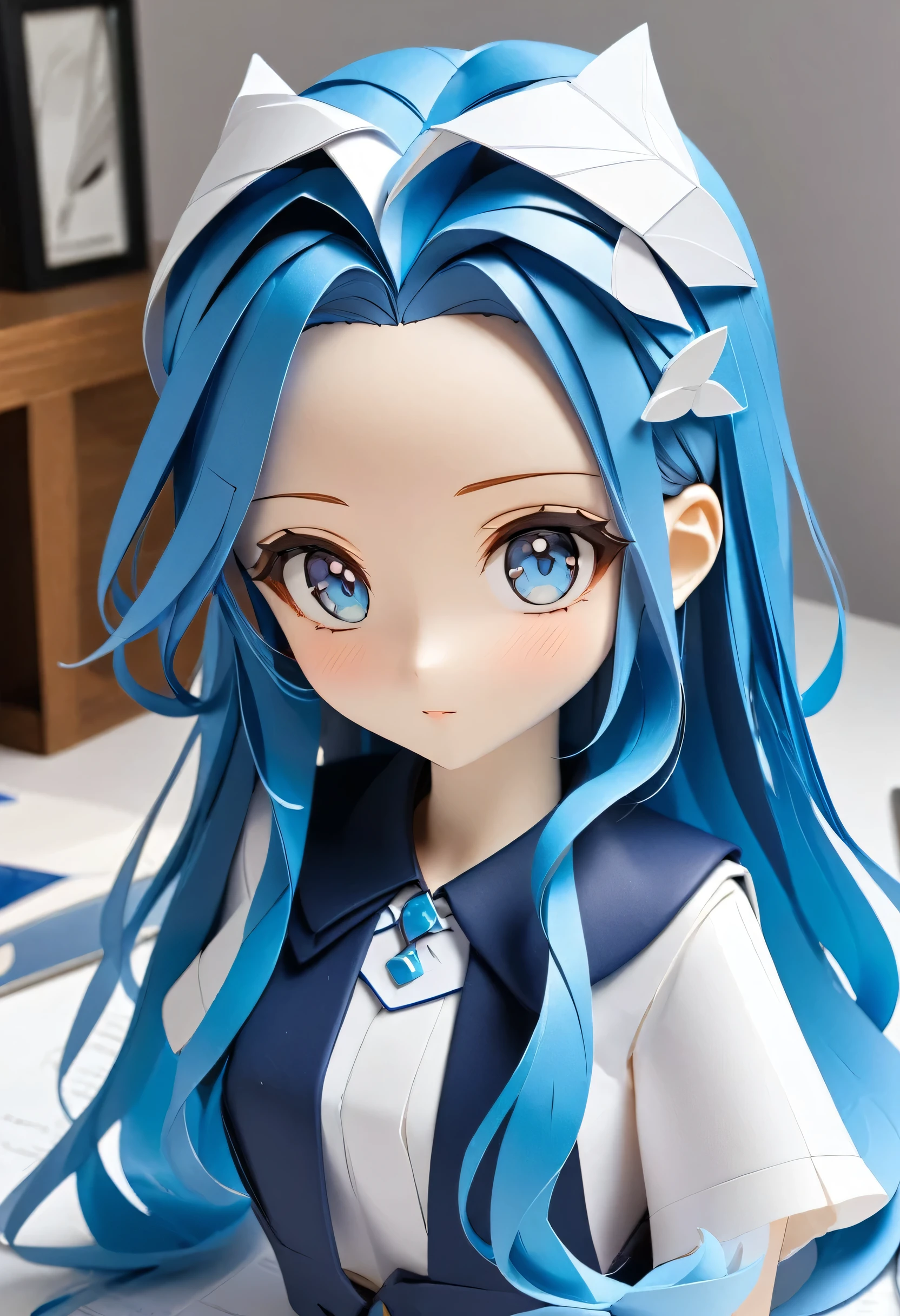 masterpiece, papercraft:2, a forehead:0.3 blue hair long hair lovely girl, lovely blue eyes.
