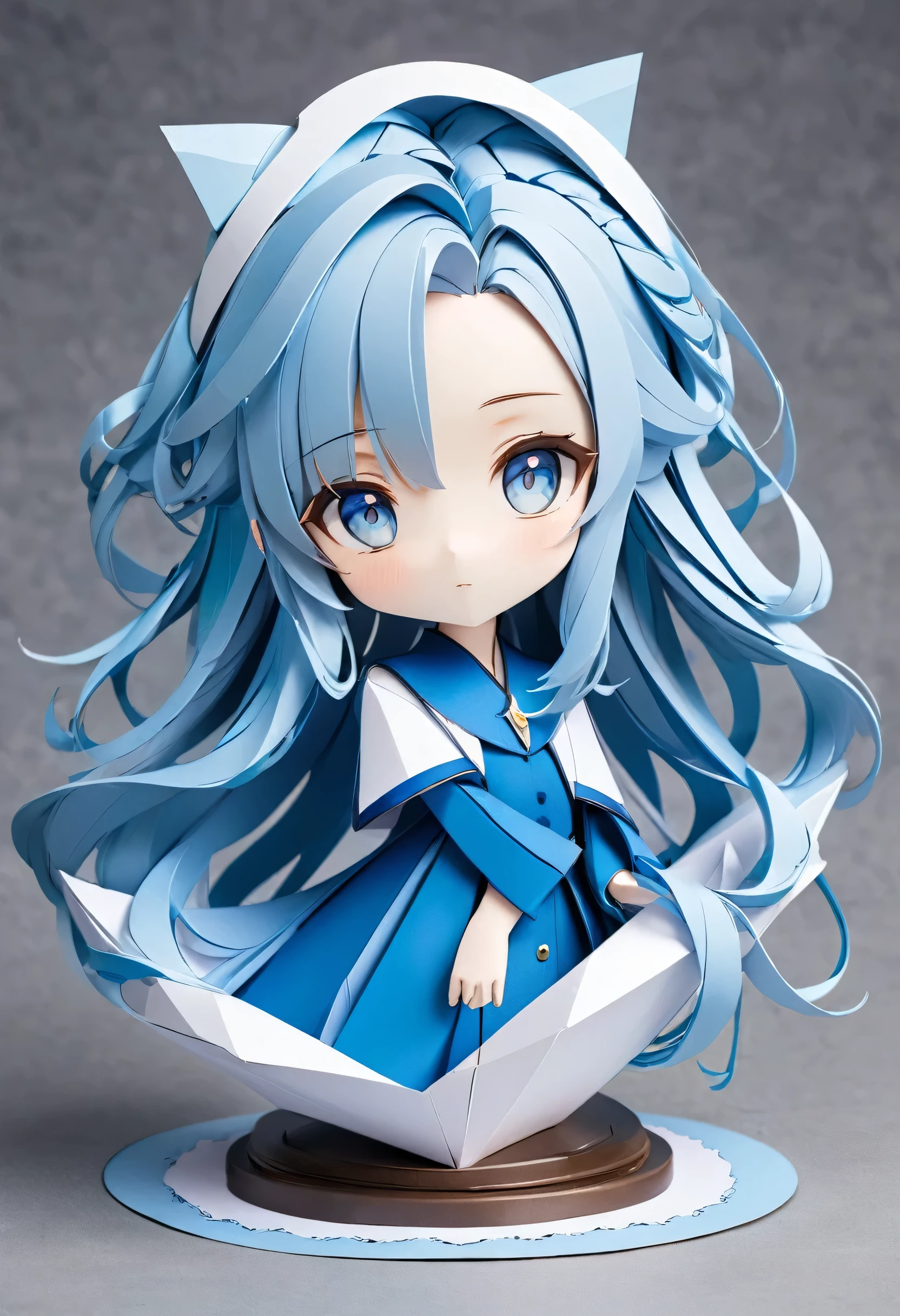 masterpiece, papercraft:2, a forehead:0.3 blue hair long hair lovely girl, lovely blue eyes.